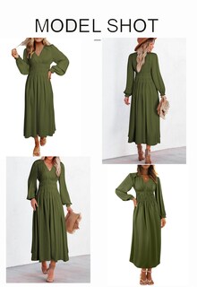 Foto 3 | Foto 3 | Vestido Blencot Casual Con Cuello En V Y Manga Larga De Otoño, Verde Musgo - Venta Internacional.