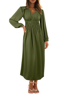 Foto 4 | Foto 4 | Vestido Blencot Casual Con Cuello En V Y Manga Larga De Otoño, Verde Musgo - Venta Internacional.