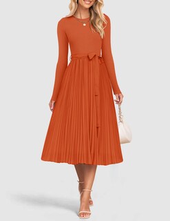 Foto 2 | Foto 2 | Vestido Midi Zesica De Otoño, Manga Larga, Punto, Con Cinturón Plisado, Óxido - Venta Internacional.