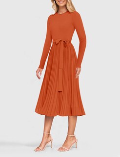 Foto 3 | Foto 3 | Vestido Midi Zesica De Otoño, Manga Larga, Punto, Con Cinturón Plisado, Óxido - Venta Internacional.