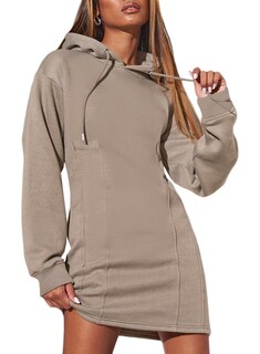 Foto 1 | Foto 1 | Vestido Alvaq De Manga Larga Con Capucha Y Cordón Para Mujer, Color Caqui - Venta Internacional.