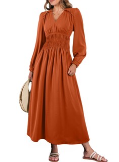 Foto 1 | Foto 1 | Vestido Blencot Para Mujer, Casual, Con Volantes, Cuello En V, Escalonado, Fluido, Naranja Oscuro - Venta Internacional.