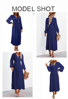 Foto 3 | Foto 3 | Vestido Blencot Para Mujer, Casual, Con Volantes, Cuello En V, Escalonado, Azul Marino Fluido - Venta Internacional.