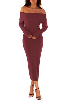 Foto 2 | Foto 2 | Vestido Tipo Suéter Merokeety con Hombros Descubiertos Tinto para Mujer - Venta Internacional