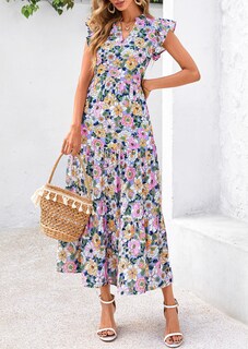 Foto 7 | Foto 7 | Vestido Midi Prettygarden 2025 Con Estampado Floral Con Cuello En V Y Volantes Para Mujer - Venta Internacional.