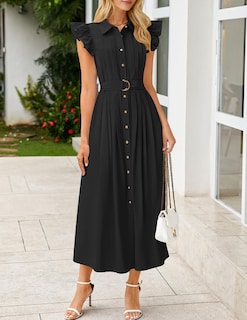 Foto 3 | Foto 3 | Vestido Midi Zesica 2025 Para Verano, Bohemio, Con Botones, Cuello En V, Negro, Xl, Mujer - Venta Internacional.