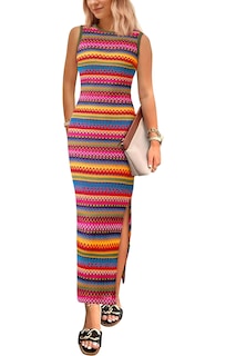 Foto 1 | Foto 1 | Vestido Largo Sin Mangas Prettygarden Para Mujer A Rayas Con Abertura Lateral, Verde - Venta Internacional.