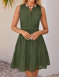 Foto 3 | Foto 3 | Vestido Zesica Para Verano, Sin Mangas, Cuello En V, Con Ojales, Fiesta, Color Verde Militar - Venta Internacional.