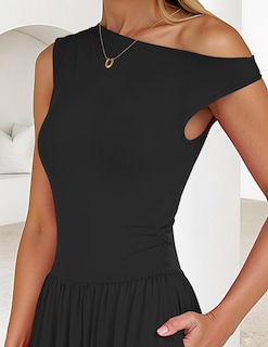 Foto 5 | Foto 5 | Vestido Largo Zesica Summer 2025 Con Un Solo Hombro Y Bolsillos Negro - Venta Internacional.