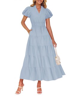 Foto 1 | Foto 1 | Vestido Largo Zesica Casual De Verano Con Cuello En V Y Volantes Escalonados Para Mujer - Venta Internacional.