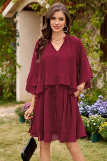 Foto 2 | Foto 2 | Vestido Ecowish Para Mujer, Manga Acampanada 3/4, Verano 2025, Rojo Vino - Venta Internacional.