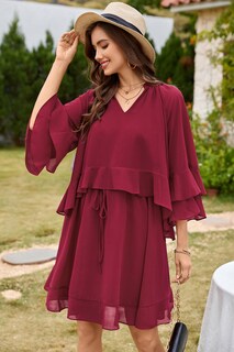 Foto 3 | Foto 3 | Vestido Ecowish Para Mujer, Manga Acampanada 3/4, Verano 2025, Rojo Vino - Venta Internacional.