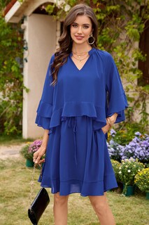 Foto 2 | Foto 2 | Vestido Ecowish Manga Acampanada 3/4 Cuello V Azul - Venta Internacional