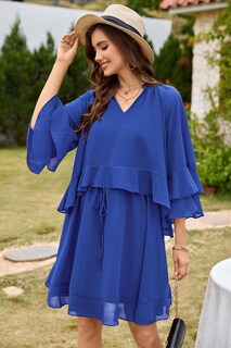 Foto 3 | Foto 3 | Vestido Ecowish Manga Acampanada 3/4 Cuello V Azul - Venta Internacional