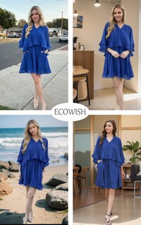 Foto 5 | Foto 5 | Vestido Ecowish Manga Acampanada 3/4 Cuello V Azul - Venta Internacional