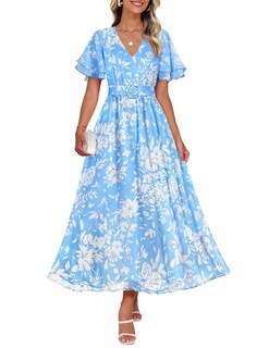 Foto 1 | Foto 1 | Vestido Midi Zesica 2025 Con Estampado Floral De Verano, Cuello En V Y Cinturón, Azul - Venta Internacional.