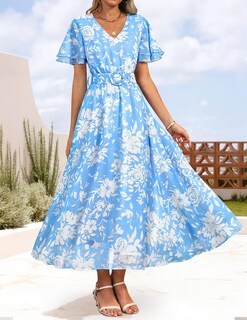 Foto 2 | Foto 2 | Vestido Midi Zesica 2025 Con Estampado Floral De Verano, Cuello En V Y Cinturón, Azul - Venta Internacional.