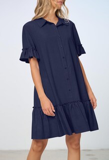 Foto 2 | Foto 2 | Vestido Camisero Merokeety De Verano Con Botones Y Volantes Azul Marino Para Mujer - Venta Internacional.