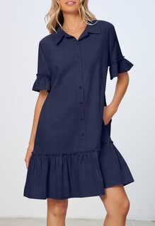 Foto 3 | Foto 3 | Vestido Camisero Merokeety De Verano Con Botones Y Volantes Azul Marino Para Mujer - Venta Internacional.