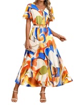 Vestido Midi Zesica 2025 Con Estampado Floral De Verano, Cuello En V Y Cinturón Para Mujer - Venta Internacional.