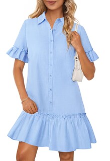 Foto 1 | Foto 1 | Vestido Camisero Merokeety De Verano Con Botones Y Volantes Azules Para Mujer - Venta Internacional.