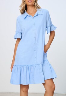 Foto 3 | Foto 3 | Vestido Camisero Merokeety De Verano Con Botones Y Volantes Azules Para Mujer - Venta Internacional.