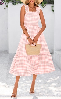 Foto 5 | Foto 5 | Vestido De Verano Prettygarden, Cuello Cuadrado, Volantes, A Cuadros, Midi, Rosa - Venta Internacional.