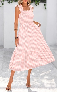 Foto 7 | Foto 7 | Vestido De Verano Prettygarden, Cuello Cuadrado, Volantes, A Cuadros, Midi, Rosa - Venta Internacional.