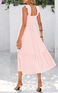 Foto 2 | Foto 2 | Vestido De Verano Prettygarden, Cuello Cuadrado, Volantes, A Cuadros, Midi, Rosa - Venta Internacional.