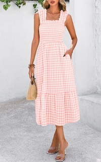 Foto 4 | Foto 4 | Vestido De Verano Prettygarden, Cuello Cuadrado, Volantes, A Cuadros, Midi, Rosa - Venta Internacional.