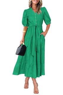 Foto 3 | Foto 3 | Vestido Midi Prettygarden 2025 Con Cuello En V Y Manga Corta, Verde - Venta Internacional.