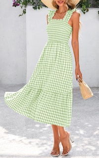 Foto 3 | Foto 3 | Vestido De Verano Prettygarden, Cuello Cuadrado, Volantes, A Cuadros, Verde - Venta Internacional.