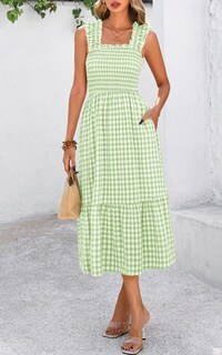 Foto 4 | Foto 4 | Vestido De Verano Prettygarden, Cuello Cuadrado, Volantes, A Cuadros, Verde - Venta Internacional.