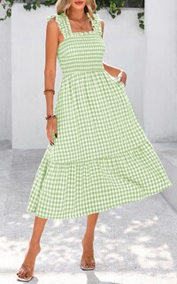 Foto 7 | Foto 7 | Vestido De Verano Prettygarden, Cuello Cuadrado, Volantes, A Cuadros, Verde - Venta Internacional.
