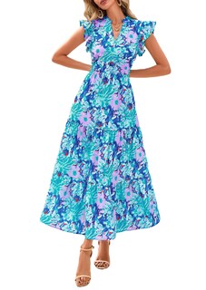 Foto 1 | Foto 1 | Vestido Midi Prettygarden 2025 Con Estampado Floral Con Cuello En V Y Volantes Para Mujer - Venta Internacional.