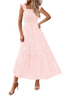 Foto 1 | Foto 1 | Vestido De Verano Prettygarden, Cuello Cuadrado, Volantes, A Cuadros, Midi, Rosa - Venta Internacional.
