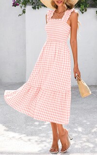 Foto 3 | Foto 3 | Vestido De Verano Prettygarden, Cuello Cuadrado, Volantes, A Cuadros, Midi, Rosa - Venta Internacional.