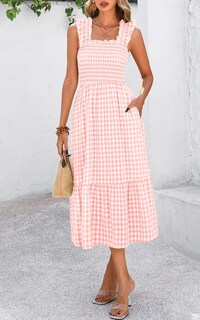 Foto 4 | Foto 4 | Vestido De Verano Prettygarden, Cuello Cuadrado, Volantes, A Cuadros, Midi, Rosa - Venta Internacional.