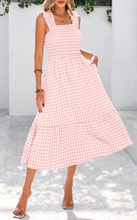Foto 7 | Foto 7 | Vestido De Verano Prettygarden, Cuello Cuadrado, Volantes, A Cuadros, Midi, Rosa - Venta Internacional.