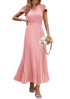 Foto 1 | Foto 1 | Vestido Largo Prettygarden Para Mujer, Cuello En V, Cuello En V, Volantes, Color Rosa Xxl - Venta Internacional.