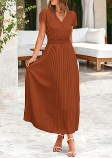 Foto 4 | Foto 4 | Vestido Largo Prettygarden Para Mujer, Cuello En V, Cuello En V, Volantes, Marrón - Venta Internacional.