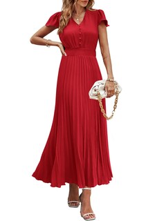 Foto 1 | Foto 1 | Vestido Largo Prettygarden Para Mujer, Verano 2025, Cuello En V, Con Volantes, Rojo - Venta Internacional.