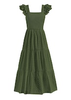Vestido Largo Prettygarden Para Mujer, Cuello Cuadrado, Color Verde Militar Fruncido - Venta Internacional.