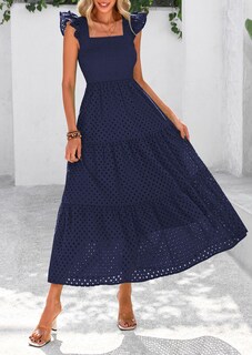 Foto 3 | Foto 3 | Vestido Largo Prettygarden Para Mujer Con Cuello Cuadrado Y Ojales, Azul Marino - Venta Internacional.