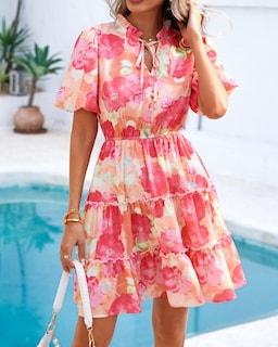 Foto 4 | Foto 4 | Vestido Btfbm Para Mujer, Estampado Floral, Cuello En V, Manga Corta, Volantes - Venta Internacional.