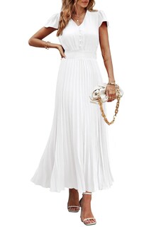 Foto 1 | Foto 1 | Vestido Largo Prettygarden Para Mujer, Cuello En V, Cuello En V, Volantes, Blanco - Venta Internacional.