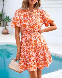 Foto 3 | Foto 3 | Vestido Btfbm Para Mujer, Estampado Floral, Cuello En V, Manga Corta, Volantes - Venta Internacional.