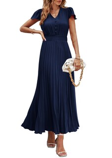 Foto 1 | Foto 1 | Vestido Largo Prettygarden Verano 2025 Con Cuello En V Y Volantes, Azul Marino - Venta Internacional.