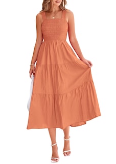 Foto 1 | Foto 1 | Vestido Prettygarden Para Mujer, Midi, Fruncido, De Verano, Marrón Y Naranja - Venta Internacional.
