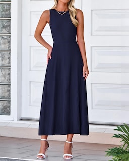 Foto 2 | Foto 2 | Vestido Btfbm Para Mujer, Midi, Ajustado A La Cintura, Punto Acanalado, Sin Mangas, Azul Marino - Venta Internacional.